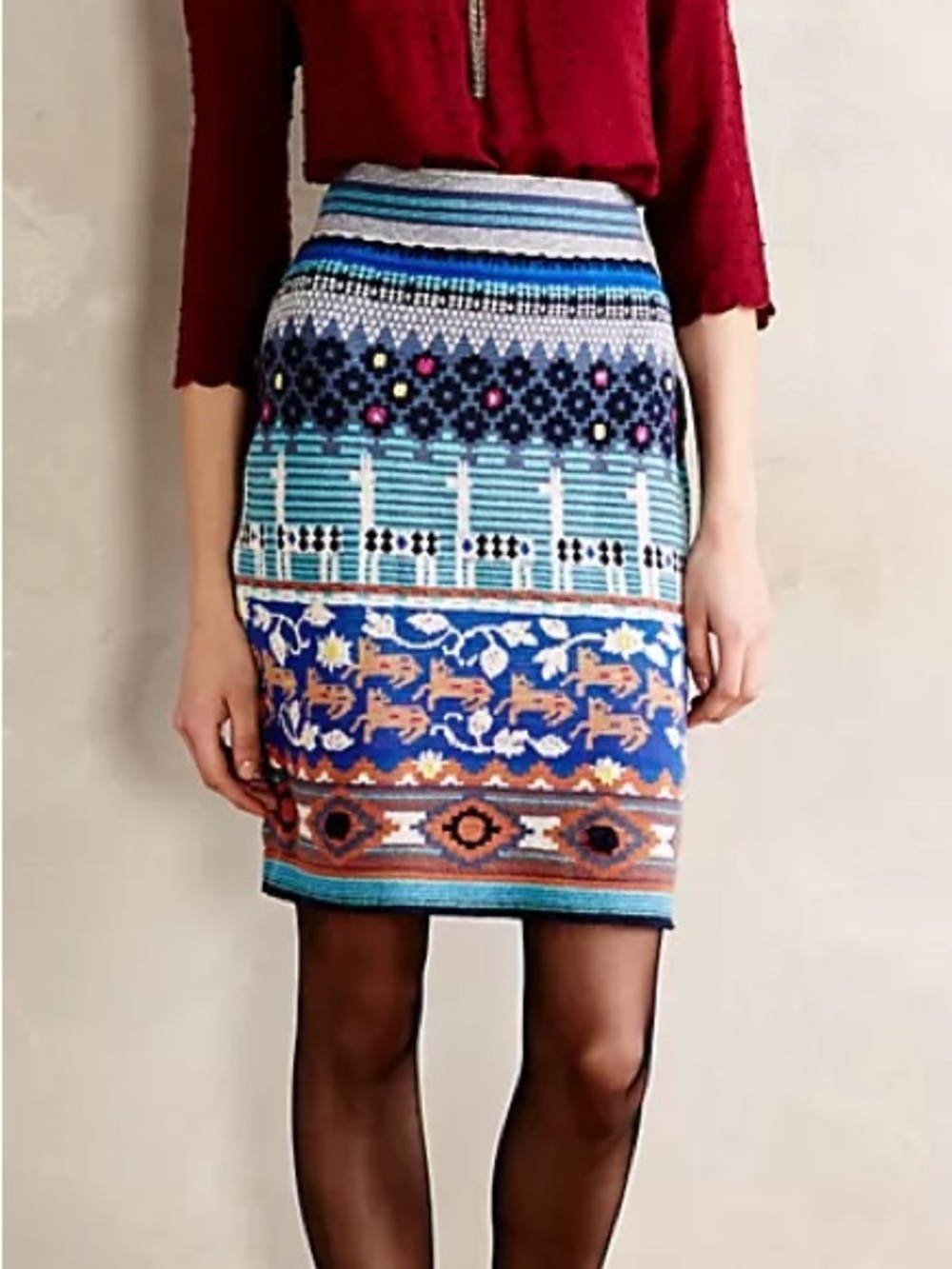 Anthropologie HWR colorful wool alpaca blend knit llama line sweater skirt